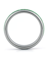Side view of silver 4mm tungsten wedding ring with emerald inlay