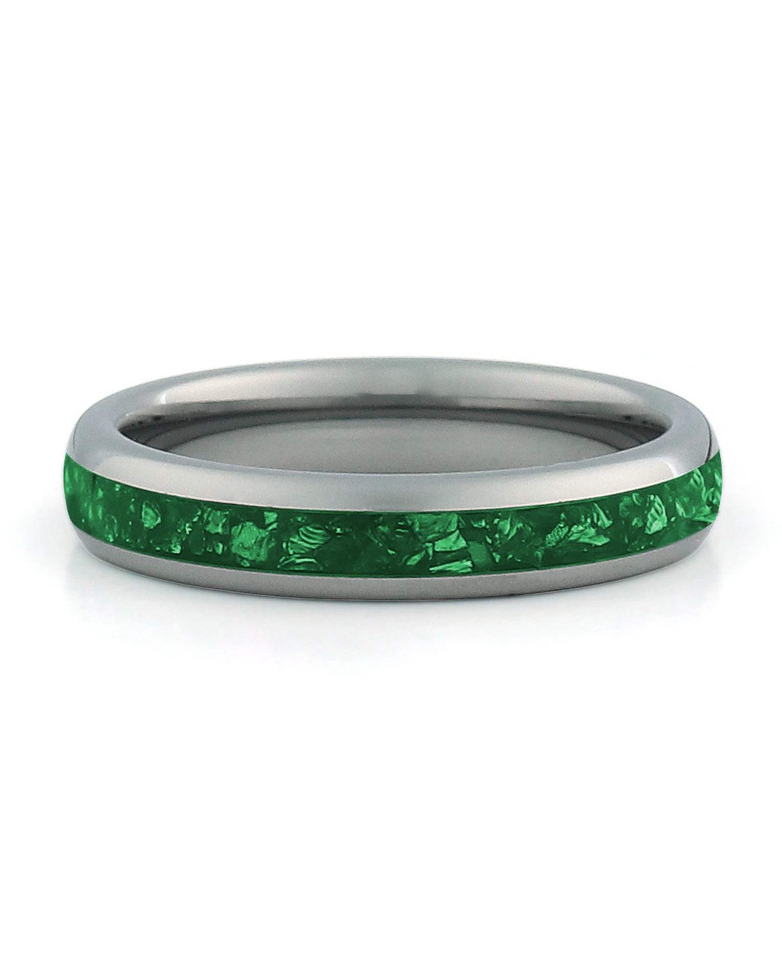 Front view of silver 4mm emerald tungsten wedding band