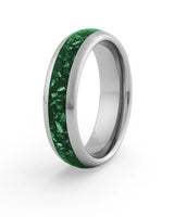 Men's silver tungsten wedding ring with emerald stone inlay, 6mm band
