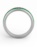 Side view of silver 6mm tungsten wedding ring with emerald inlay