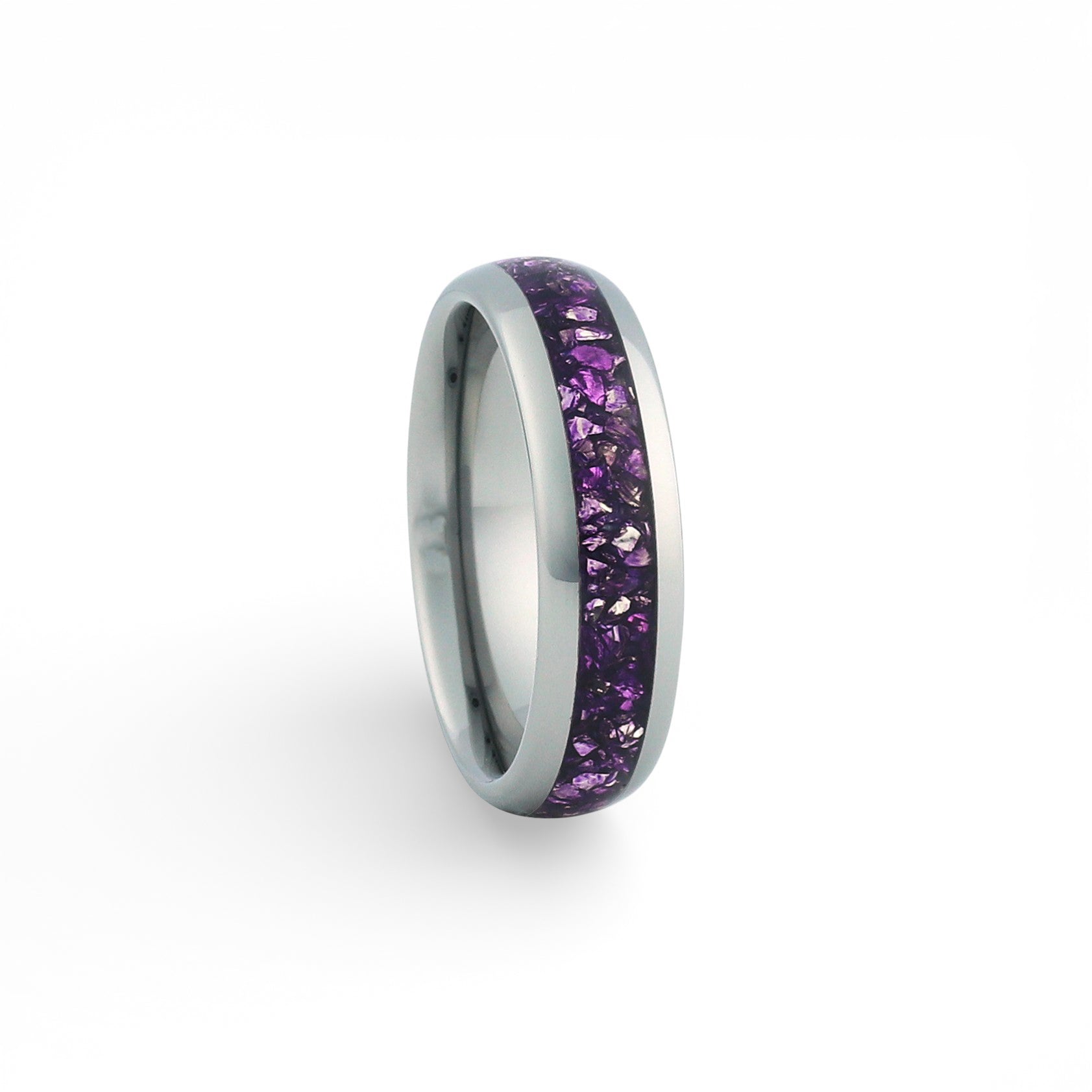 6mm silver amethyst wedding band with polished finish