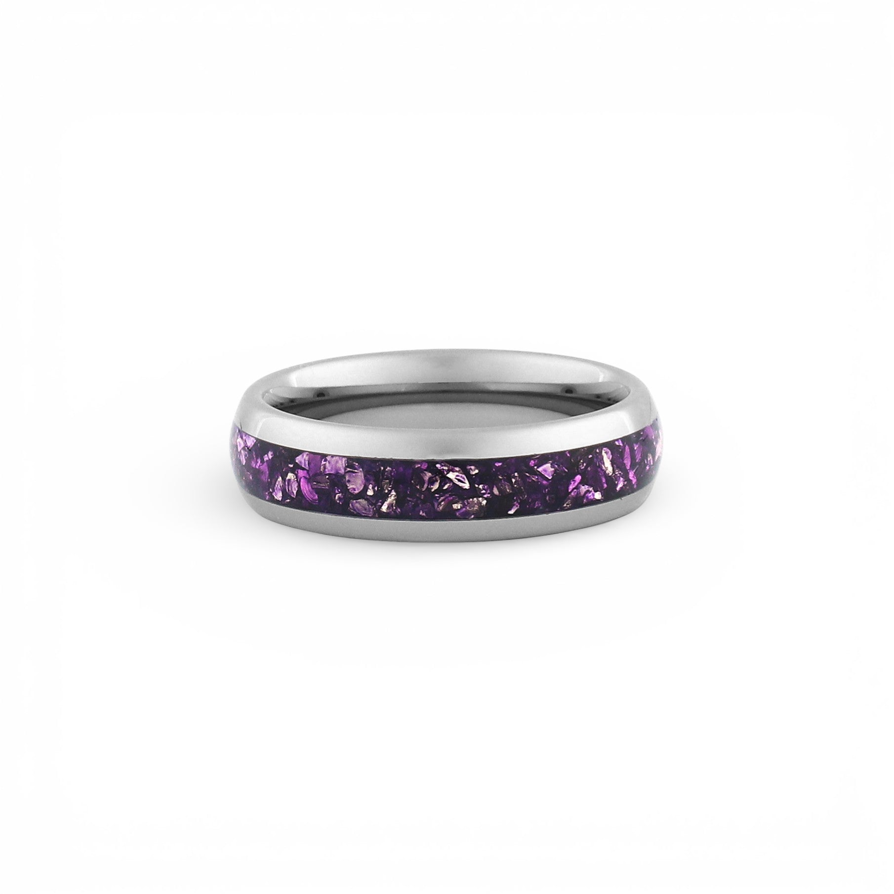 6mm silver amethyst wedding band with polished finish