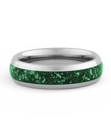 Silver 6mm tungsten ring with green emerald inlay shown at an angle