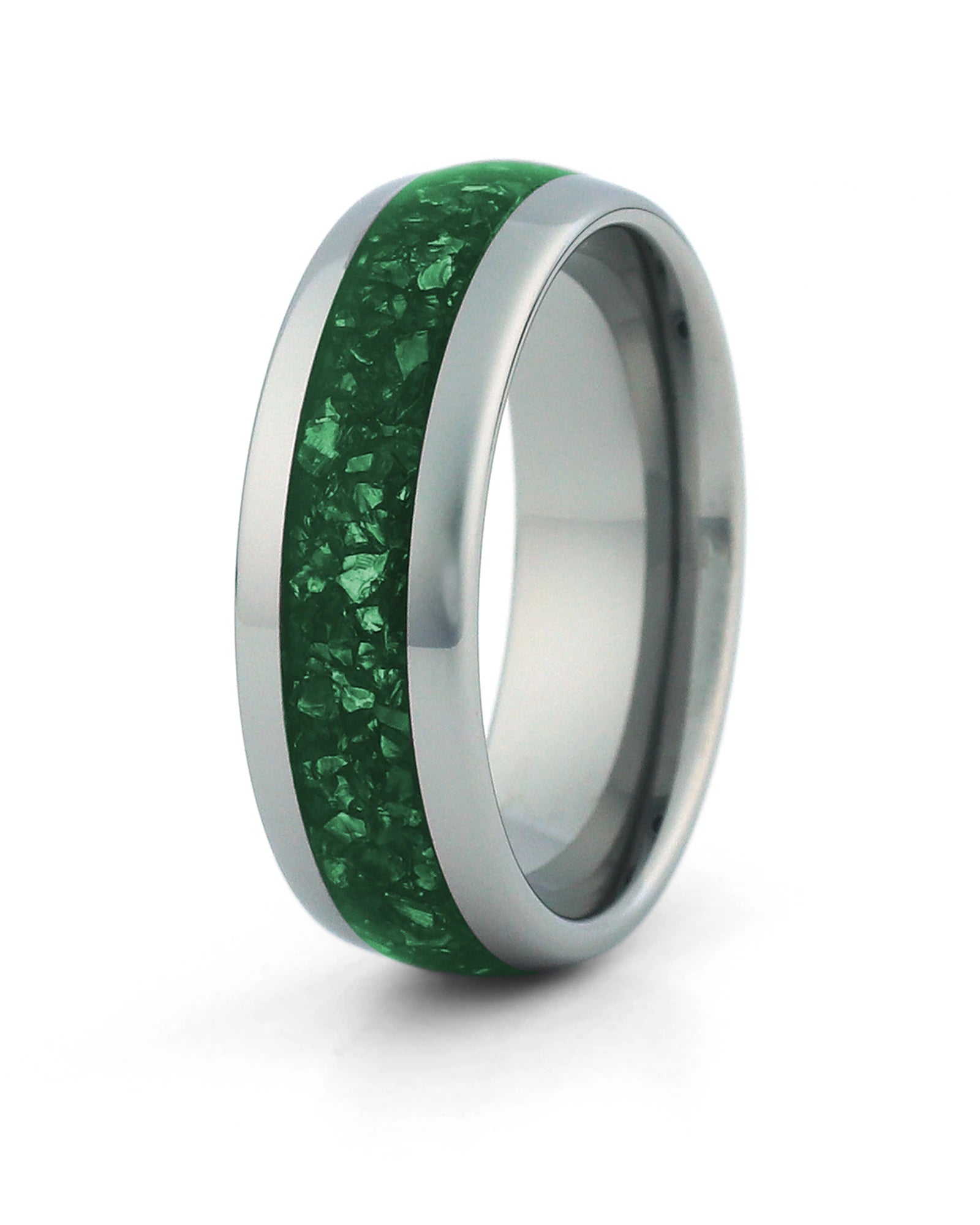 Men's silver tungsten wedding ring with emerald stone inlay, 8mm band