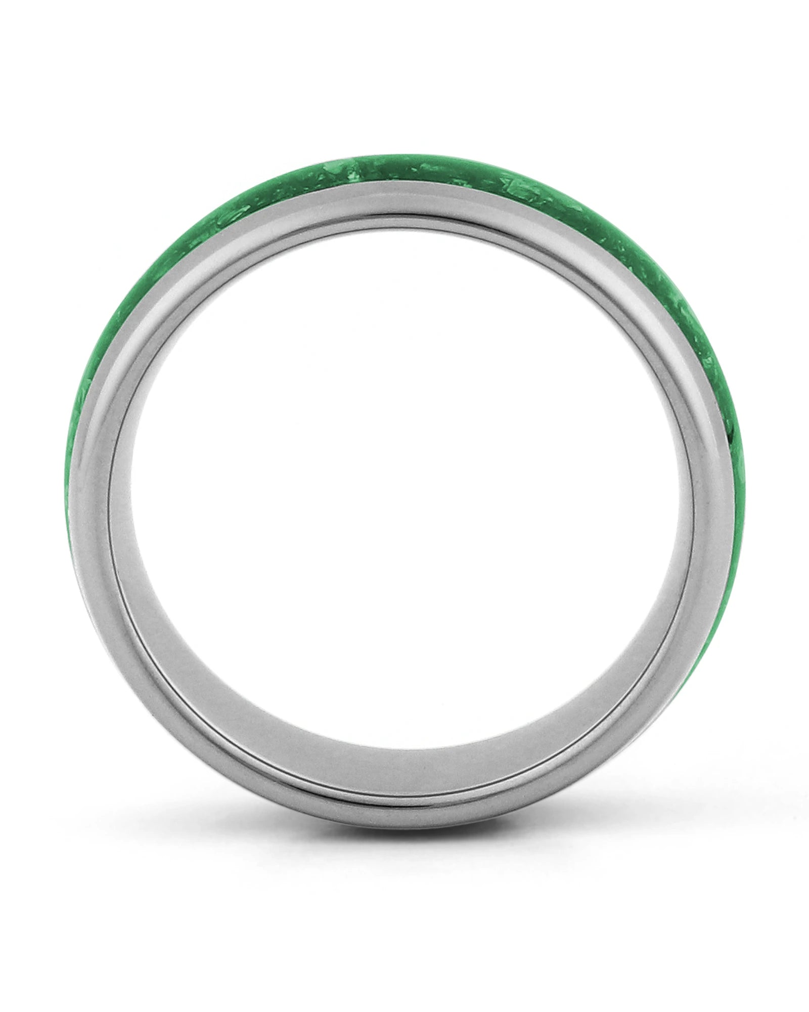 Side view of silver 8mm tungsten wedding ring with emerald inlay