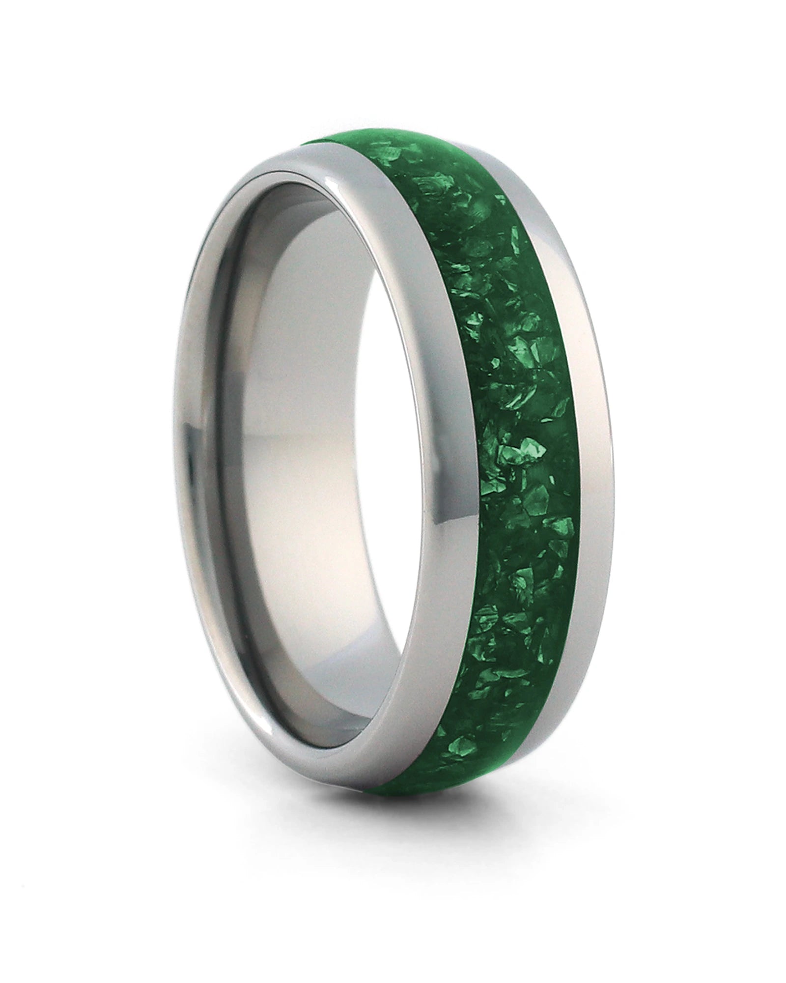 Silver 8mm tungsten ring with green emerald inlay shown at an angle