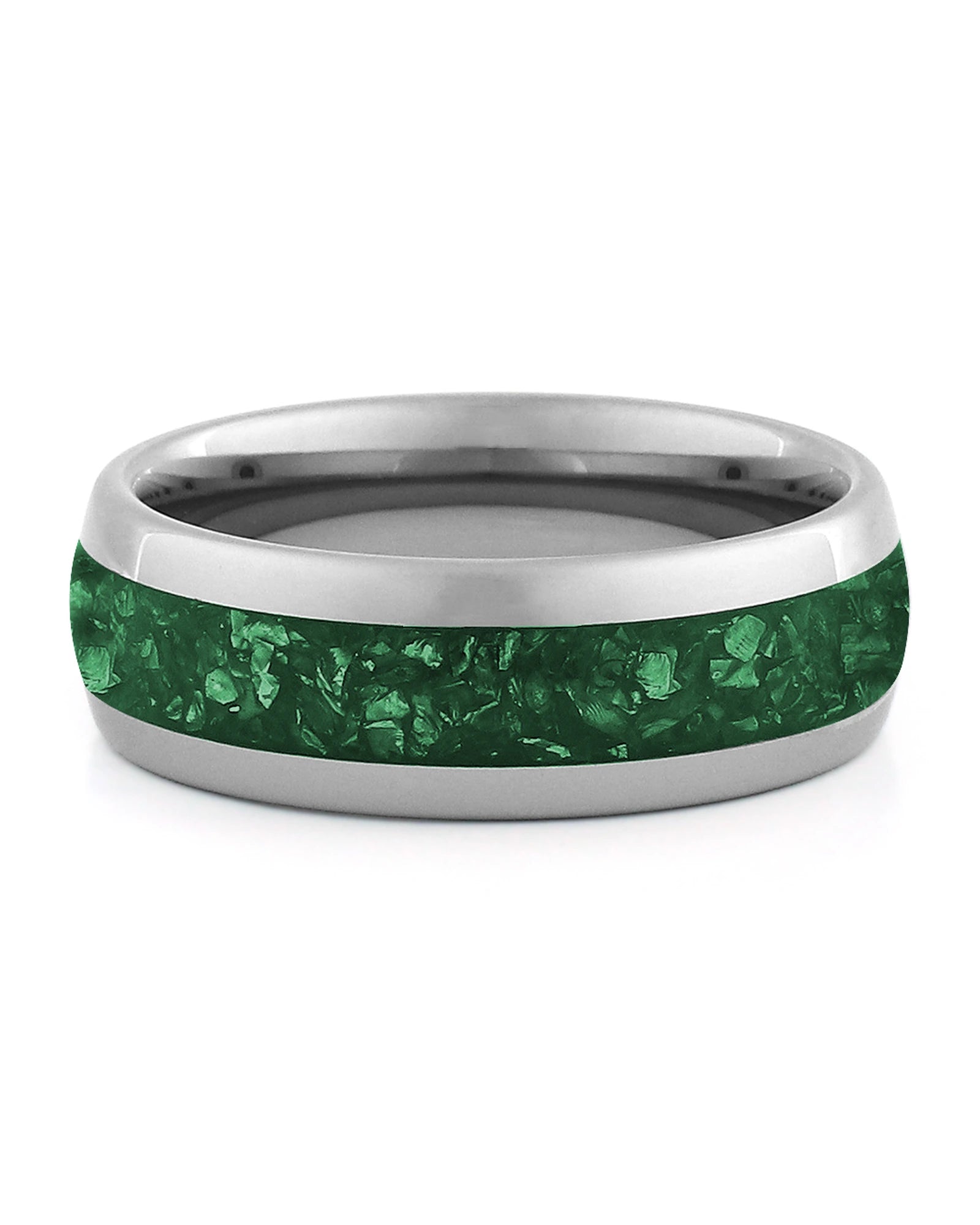 Front view of silver 8mm emerald tungsten wedding band