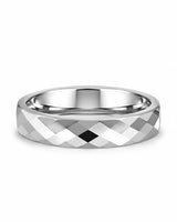 Silver faceted tungsten wedding ring lying flat, showing the diamond-cut finish