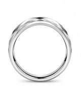Side profile of silver 4mm faceted tungsten ring showing its band width