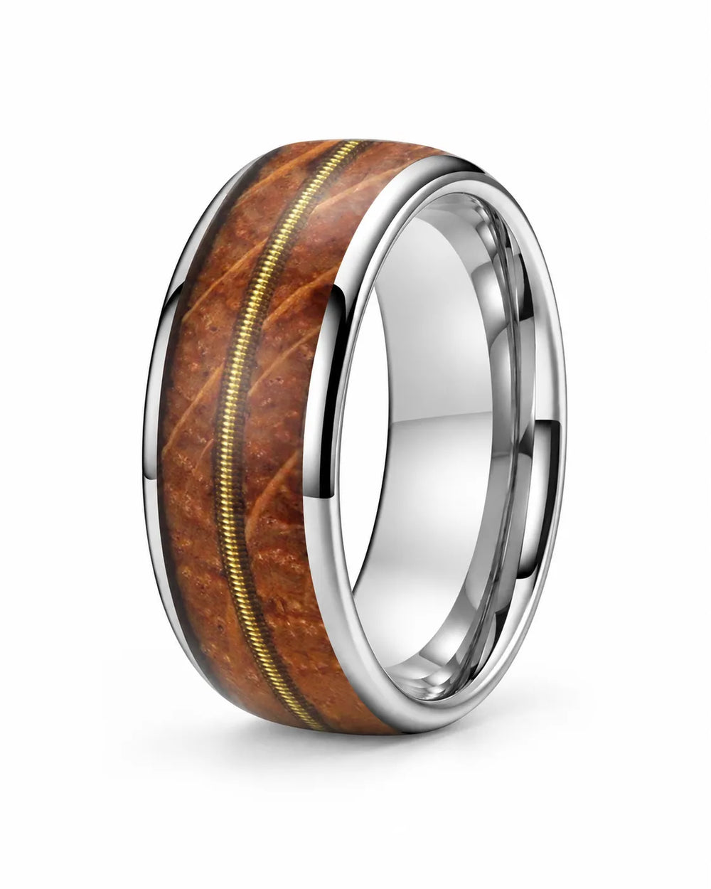 Men's silver tungsten wedding ring with whiskey barrel wood and guitar string inlay