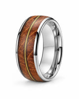 Men's silver tungsten wedding ring with whiskey barrel wood and guitar string inlay