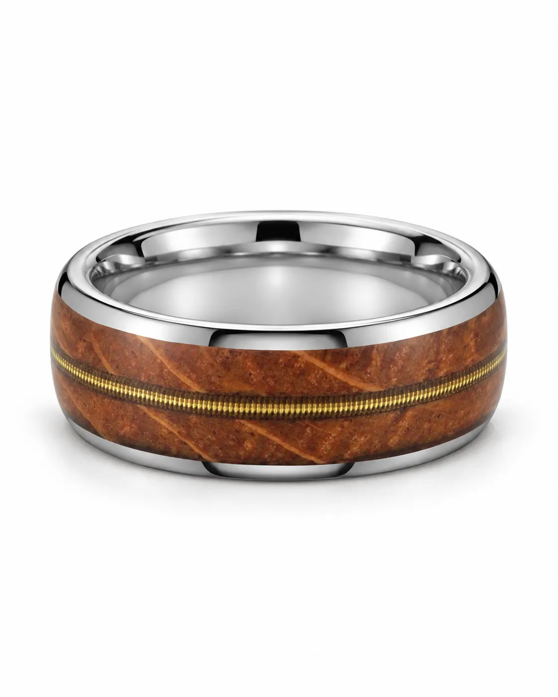 Silver guitar string wedding band lying flat, showing the wood inlay and polished interior
