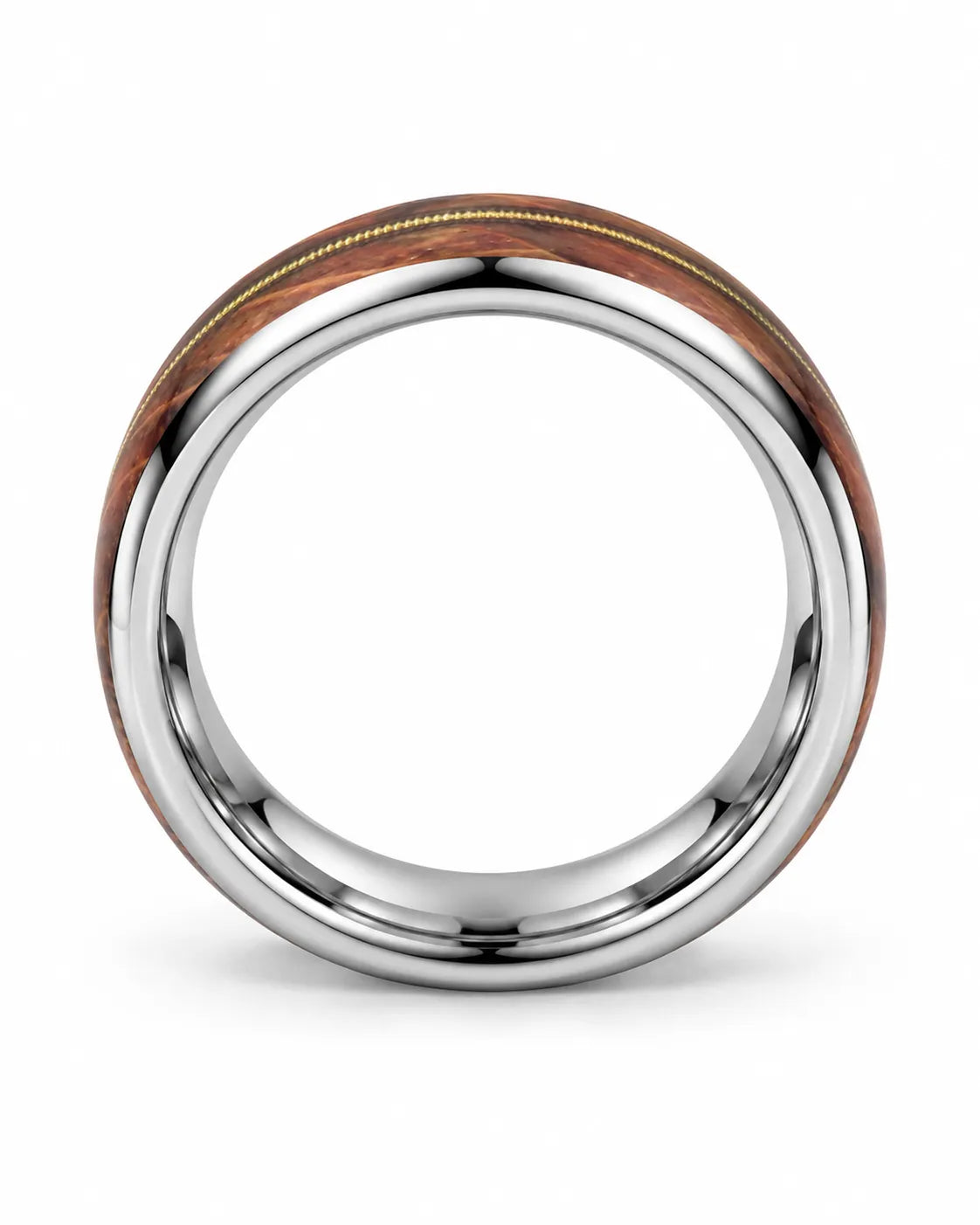 Side profile of silver guitar string wedding band showing the wood inlay and polished edges