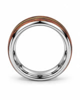 Side profile of silver guitar string wedding band showing the wood inlay and polished edges
