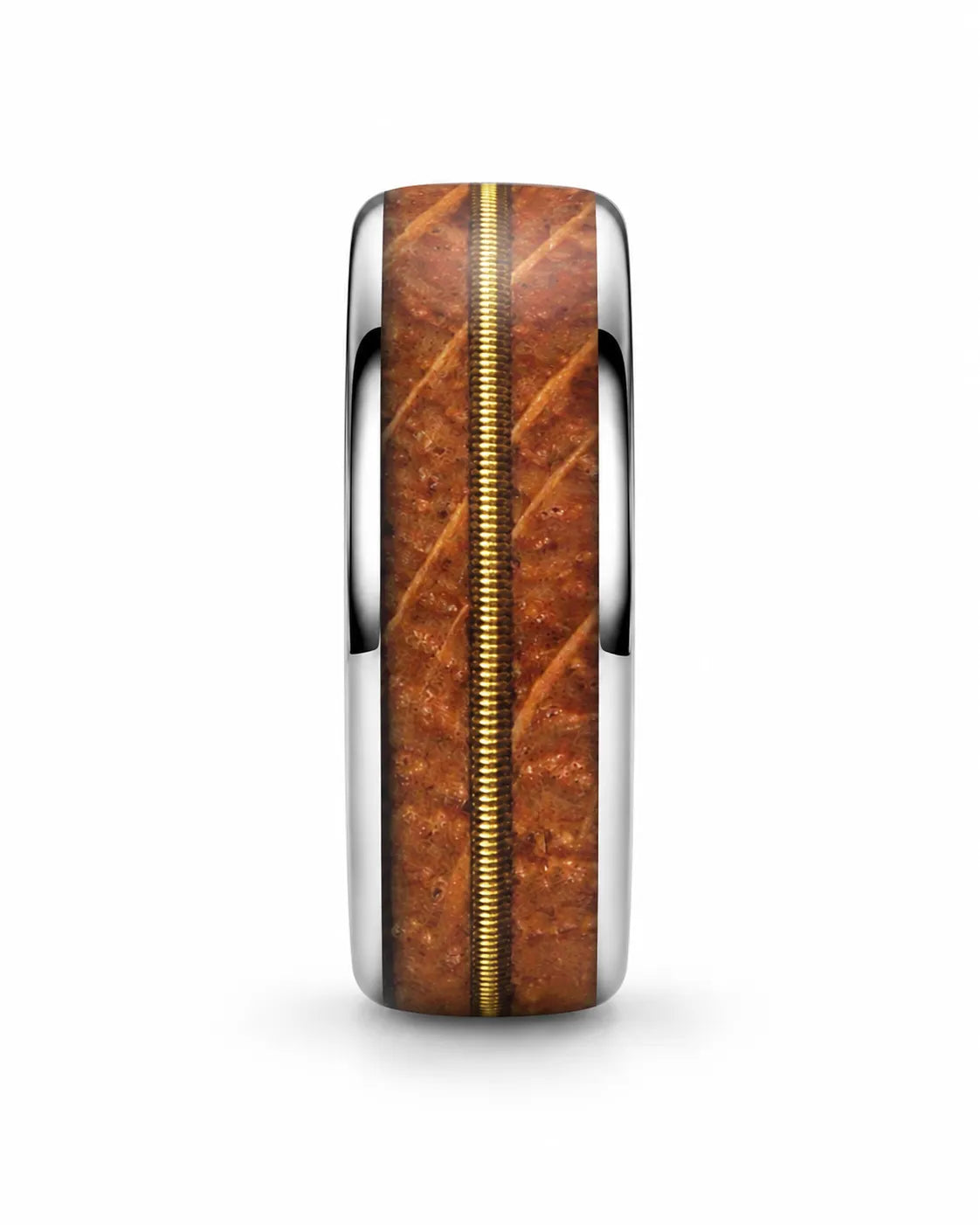 Front view of silver tungsten wedding ring with whiskey barrel wood and guitar string