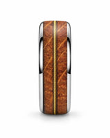 Front view of silver tungsten wedding ring with whiskey barrel wood and guitar string
