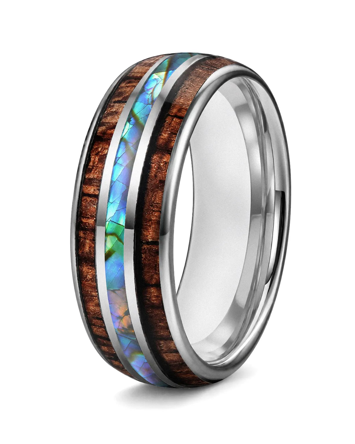 Koa wood and abalone shell tungsten ring with polished silver finish