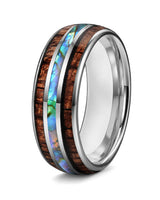 Koa wood and abalone shell tungsten ring with polished silver finish