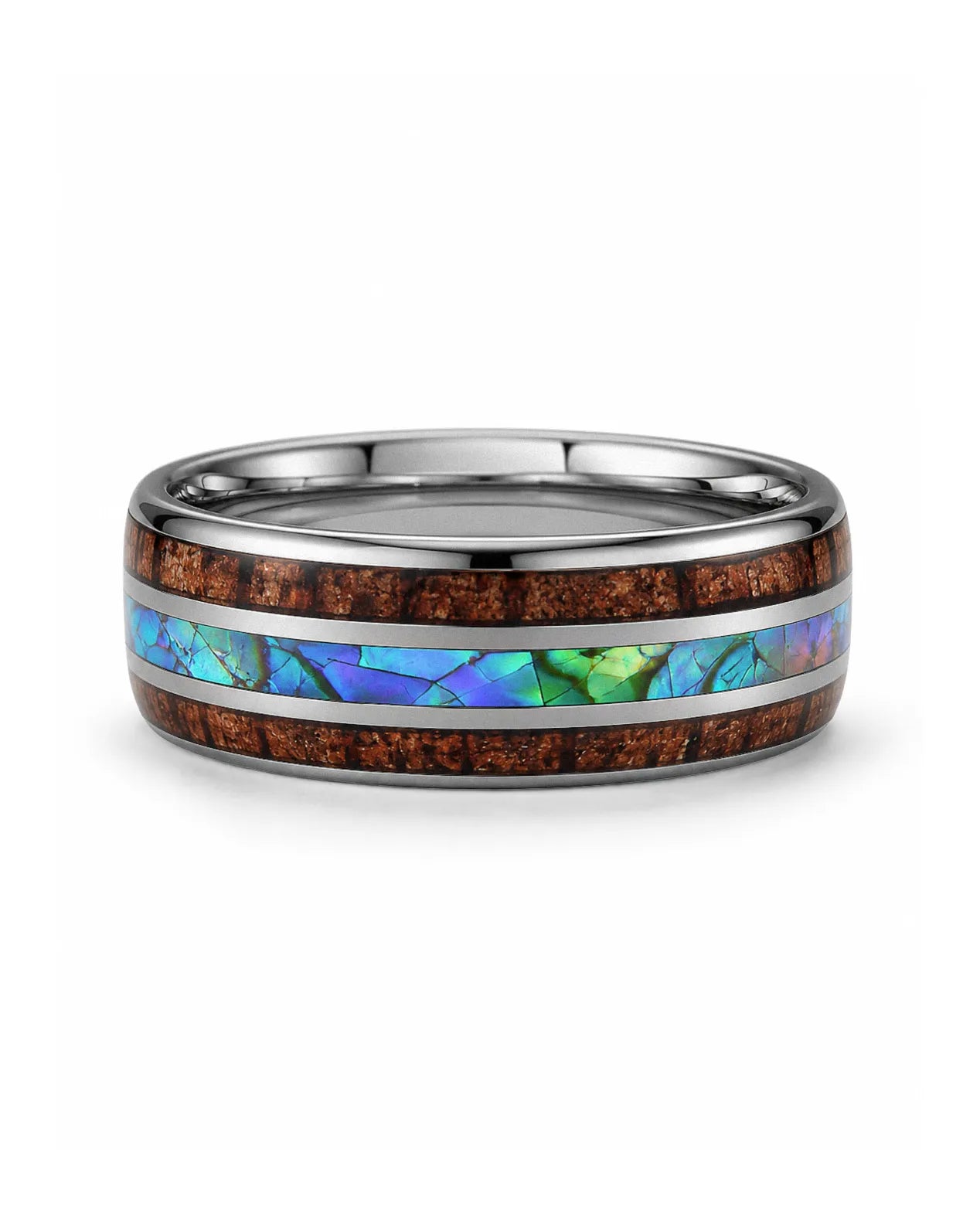 Koa wood and abalone shell tungsten ring lying flat showing the inlay detail