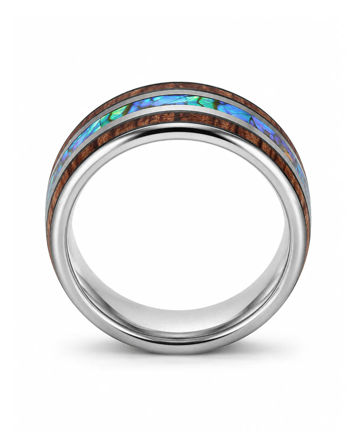Front view of koa wood and abalone shell tungsten ring