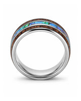Front view of koa wood and abalone shell tungsten ring