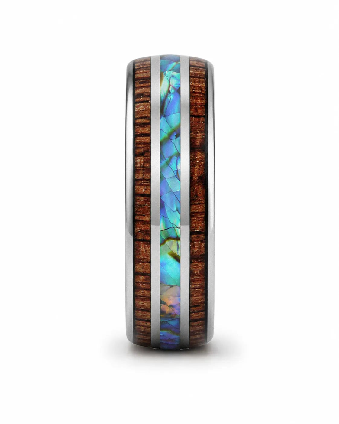 Side profile of koa wood and abalone shell tungsten ring showing the band width