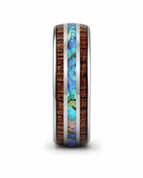 Side profile of koa wood and abalone shell tungsten ring showing the band width