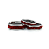 Silver ruby couples ring set in tungsten matching his and hers wedding bands with red gemstone inlay