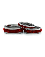 Silver ruby tungsten couples wedding ring set shown together