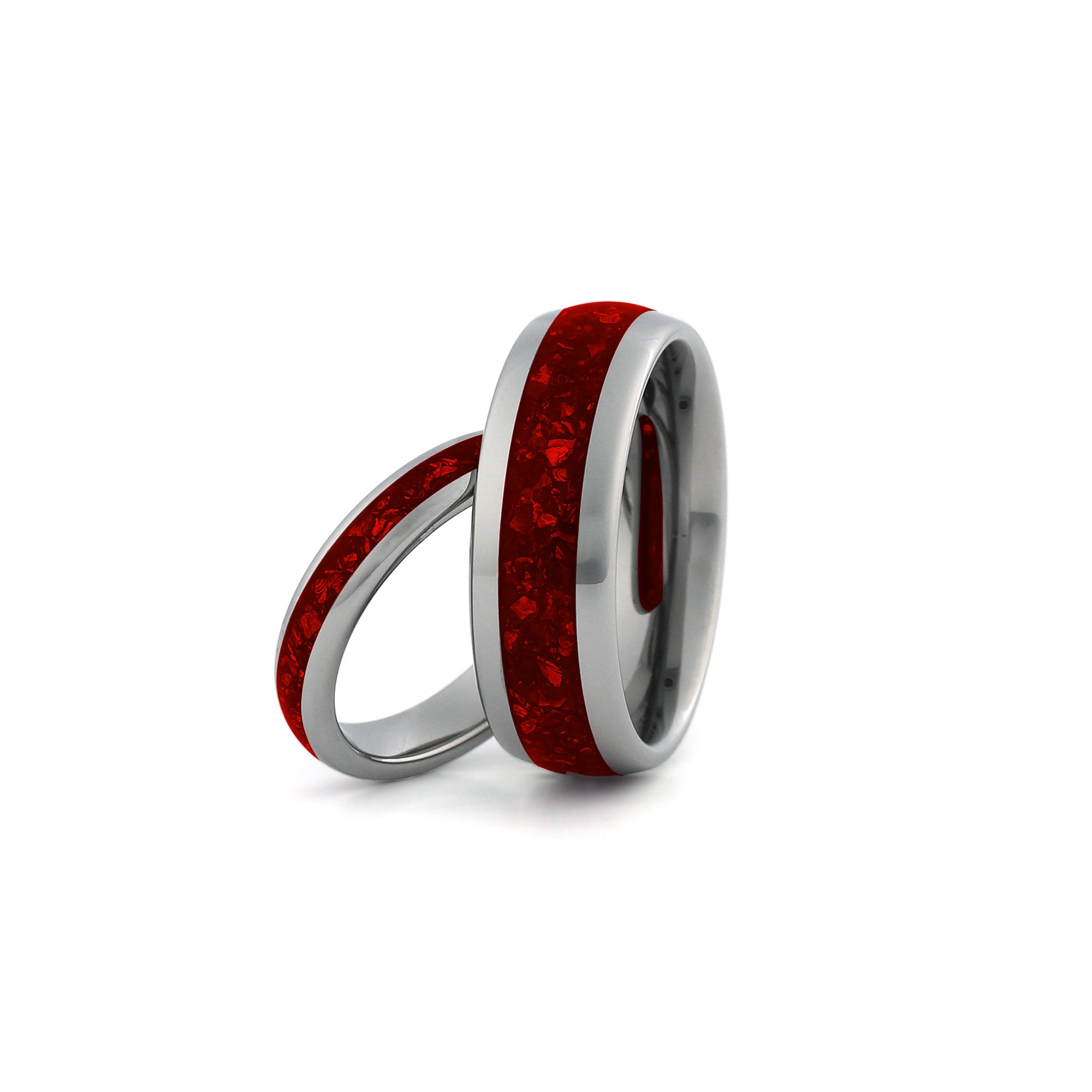 Silver ruby couples ring set in tungsten matching his and hers wedding bands with red gemstone inlay