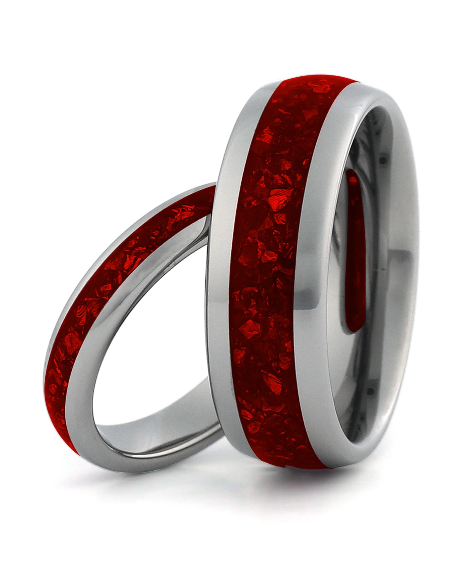 Matching silver tungsten wedding rings with ruby inlays, including an 8mm band
