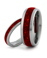 Matching silver tungsten wedding rings with ruby inlays, including an 8mm band