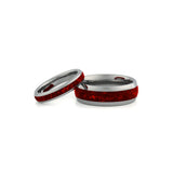 Silver ruby couples ring set in tungsten matching his and hers wedding bands with red gemstone inlay