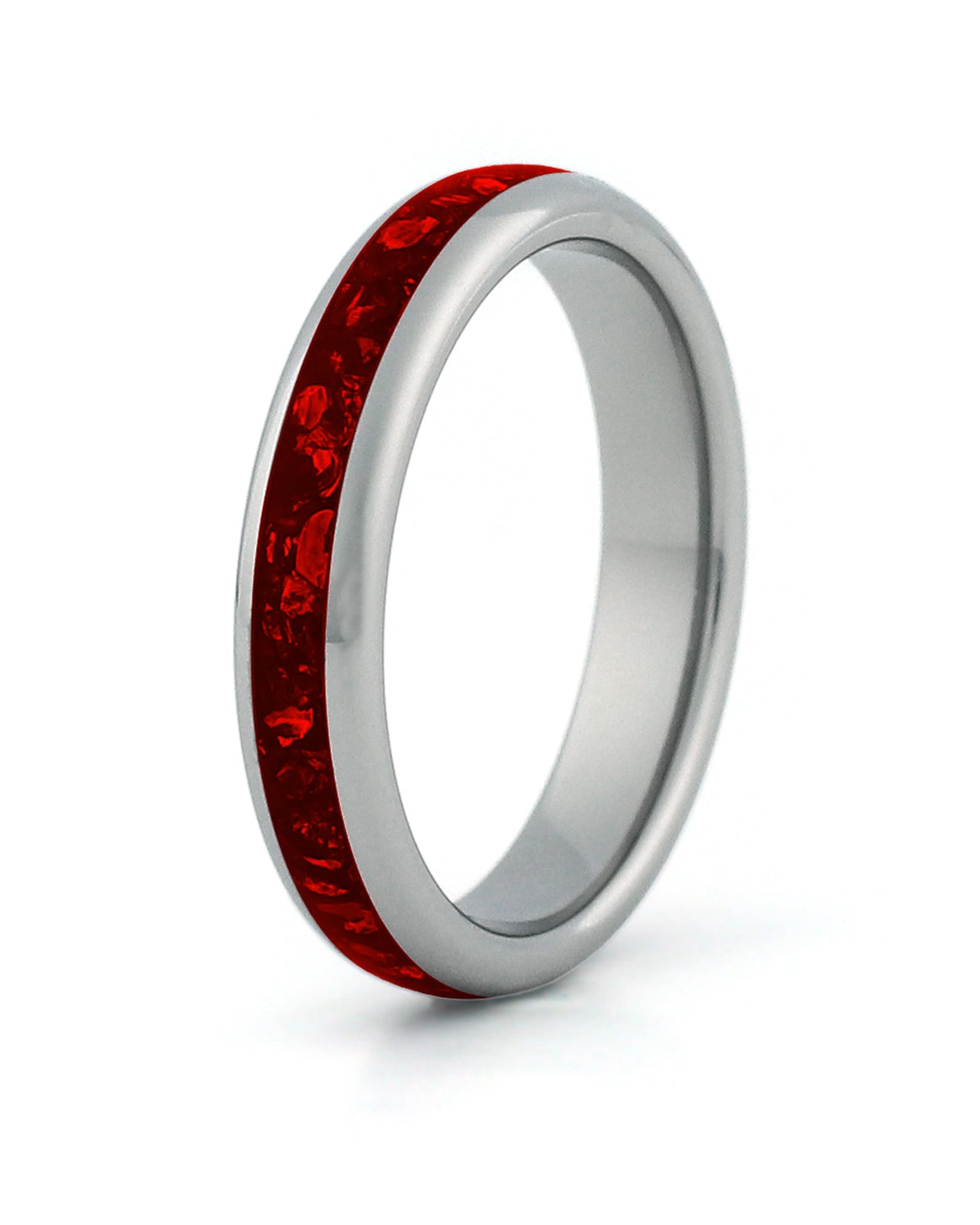 Silver tungsten wedding ring with red ruby stone inlay, 4mm band