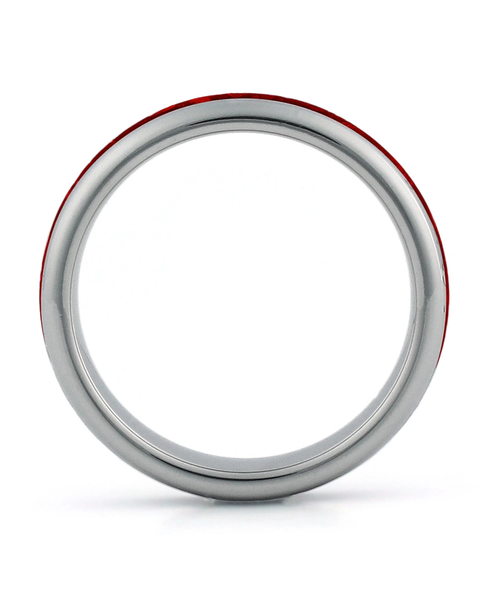 Side view of silver 4mm tungsten wedding ring with ruby inlay