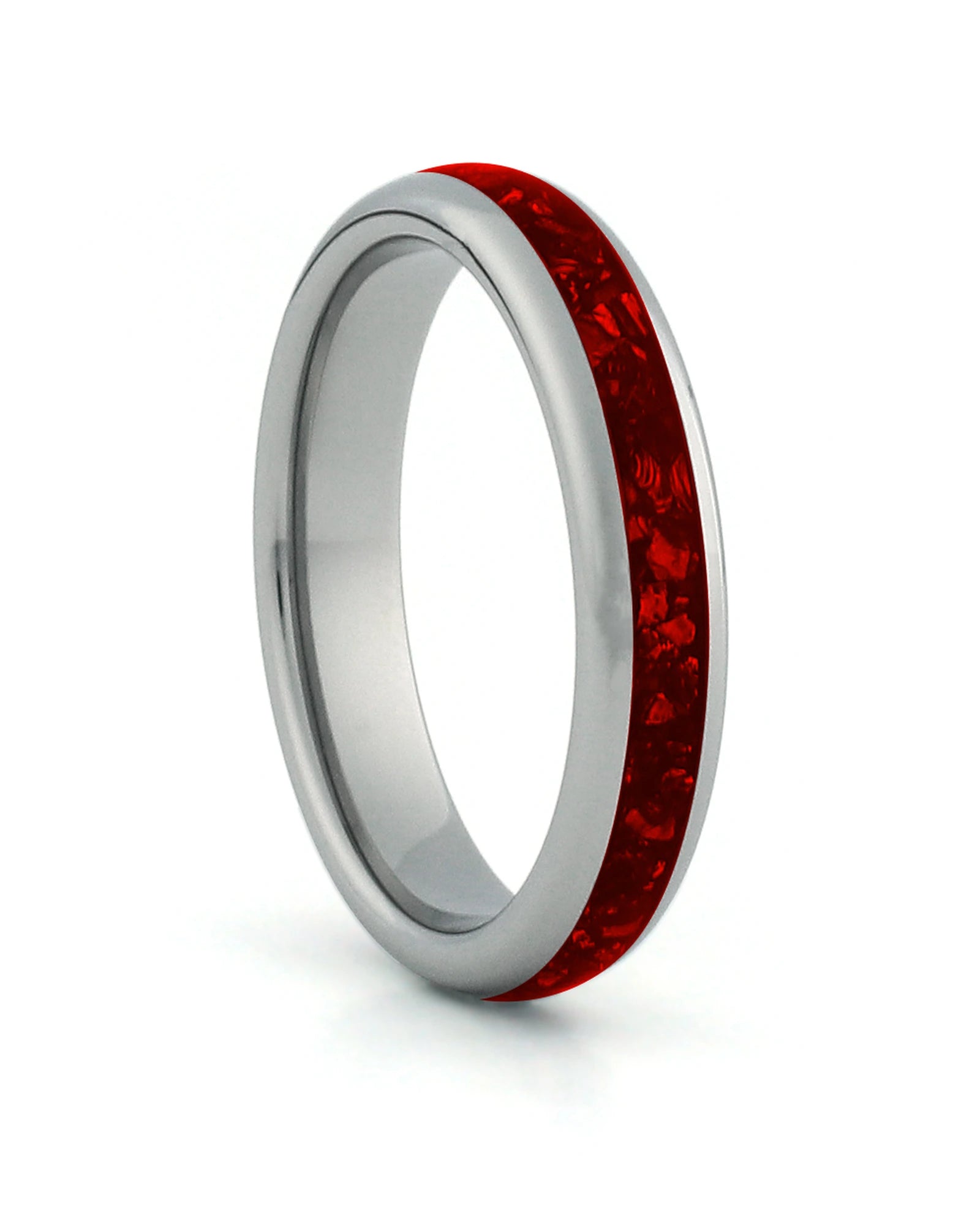 Silver 4mm tungsten ring with red ruby inlay shown at an angle