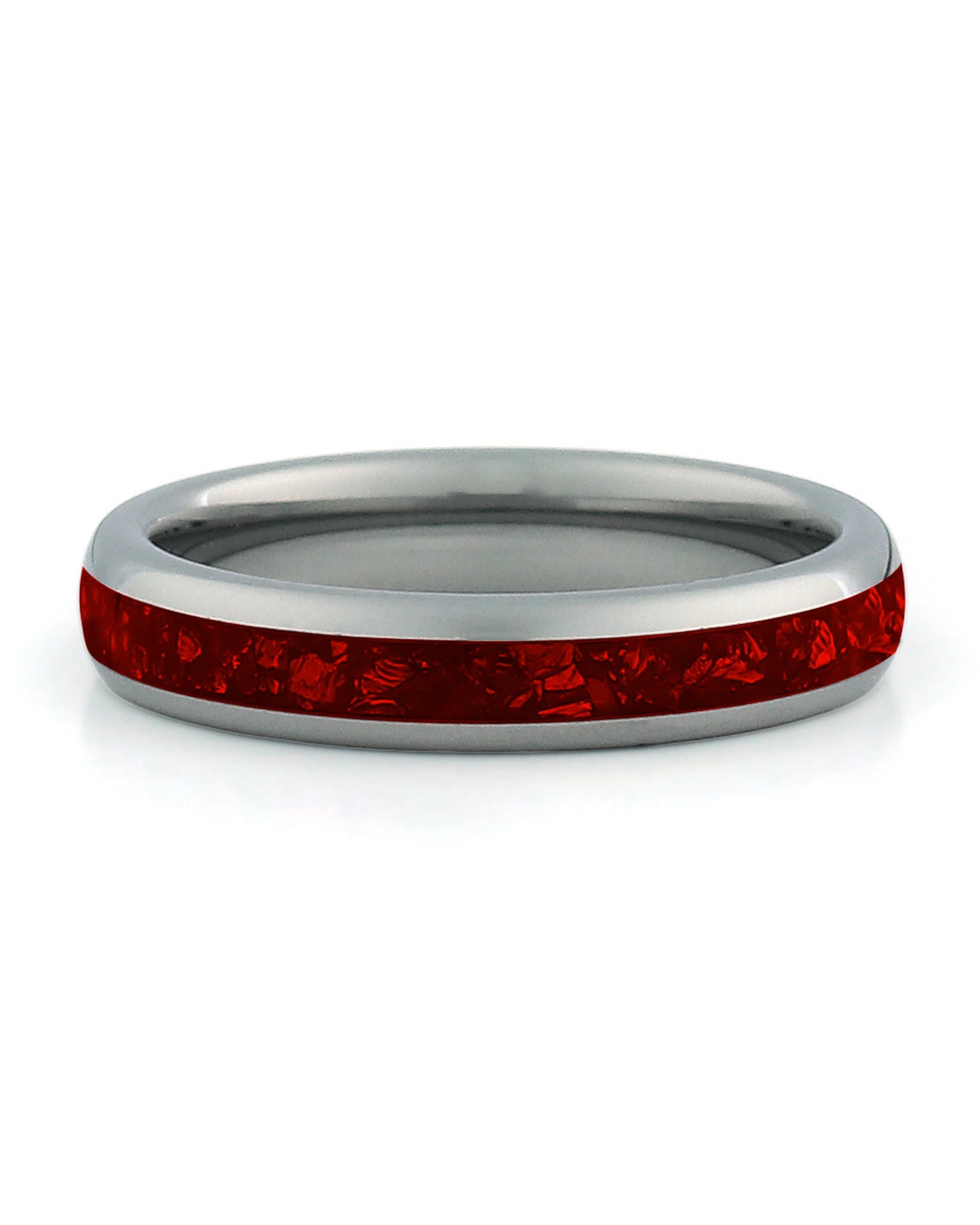 Front view of silver 4mm ruby tungsten wedding band