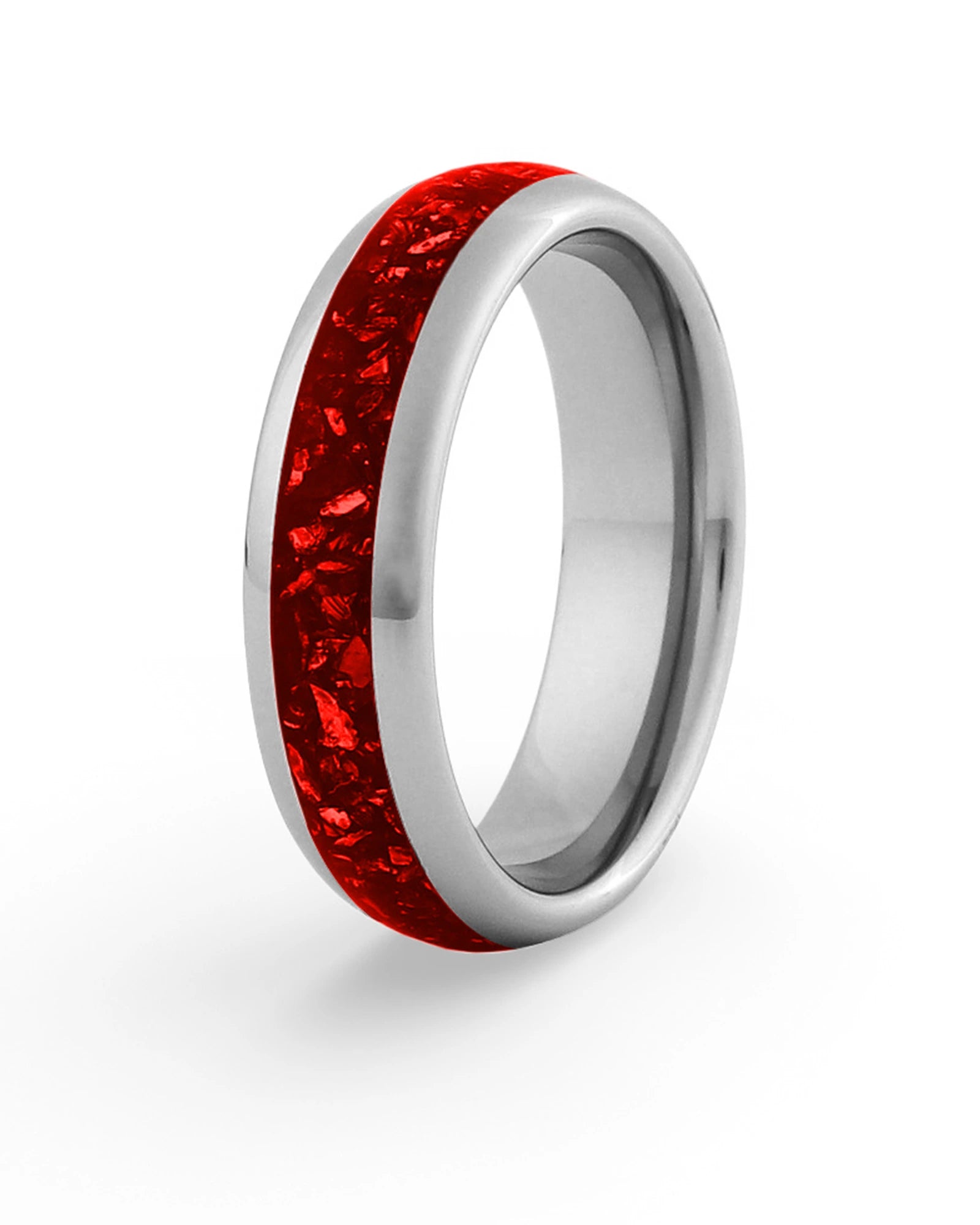 Men's silver tungsten wedding ring with ruby stone inlay, 6mm band