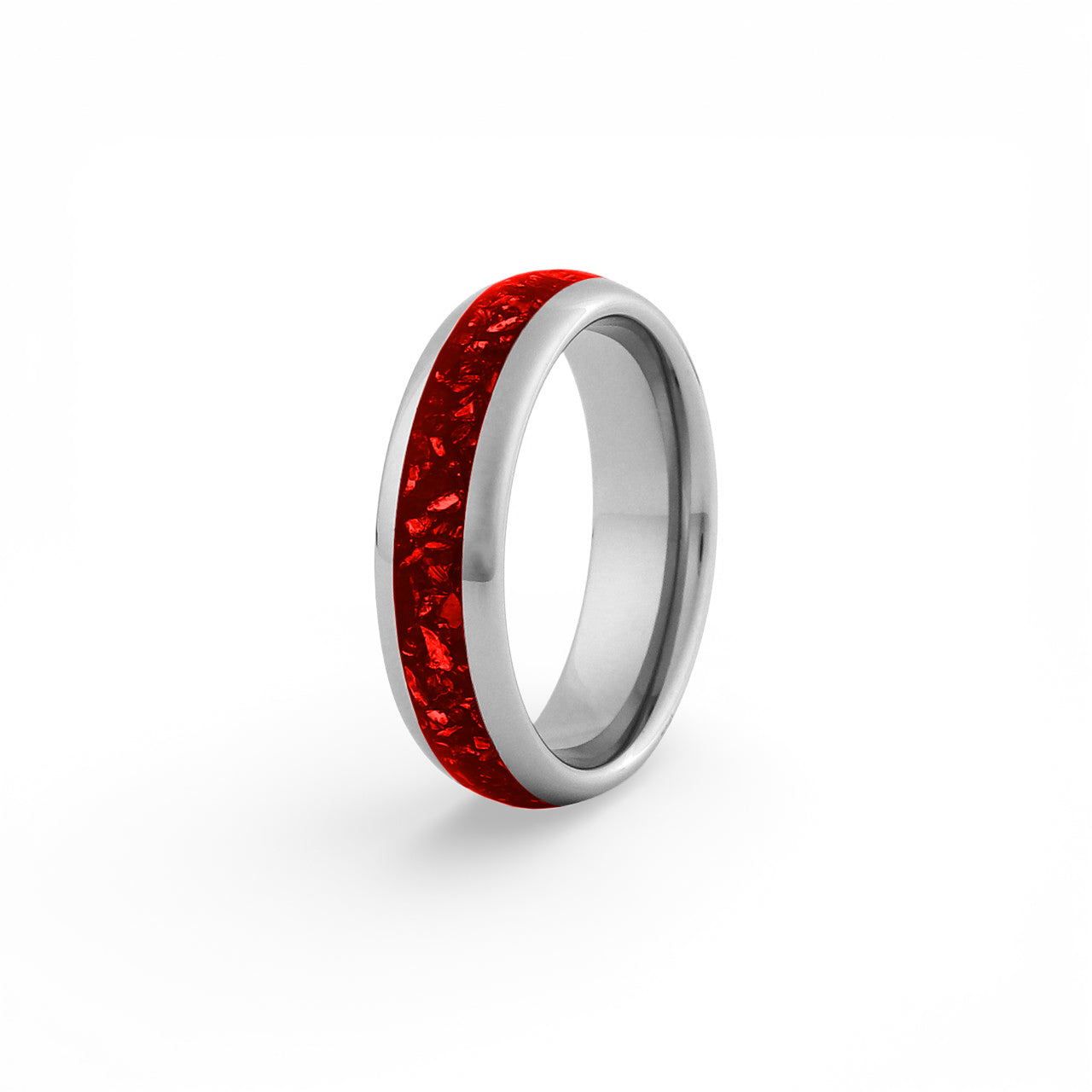 Silver ruby couples ring set in tungsten matching his and hers wedding bands with red gemstone inlay