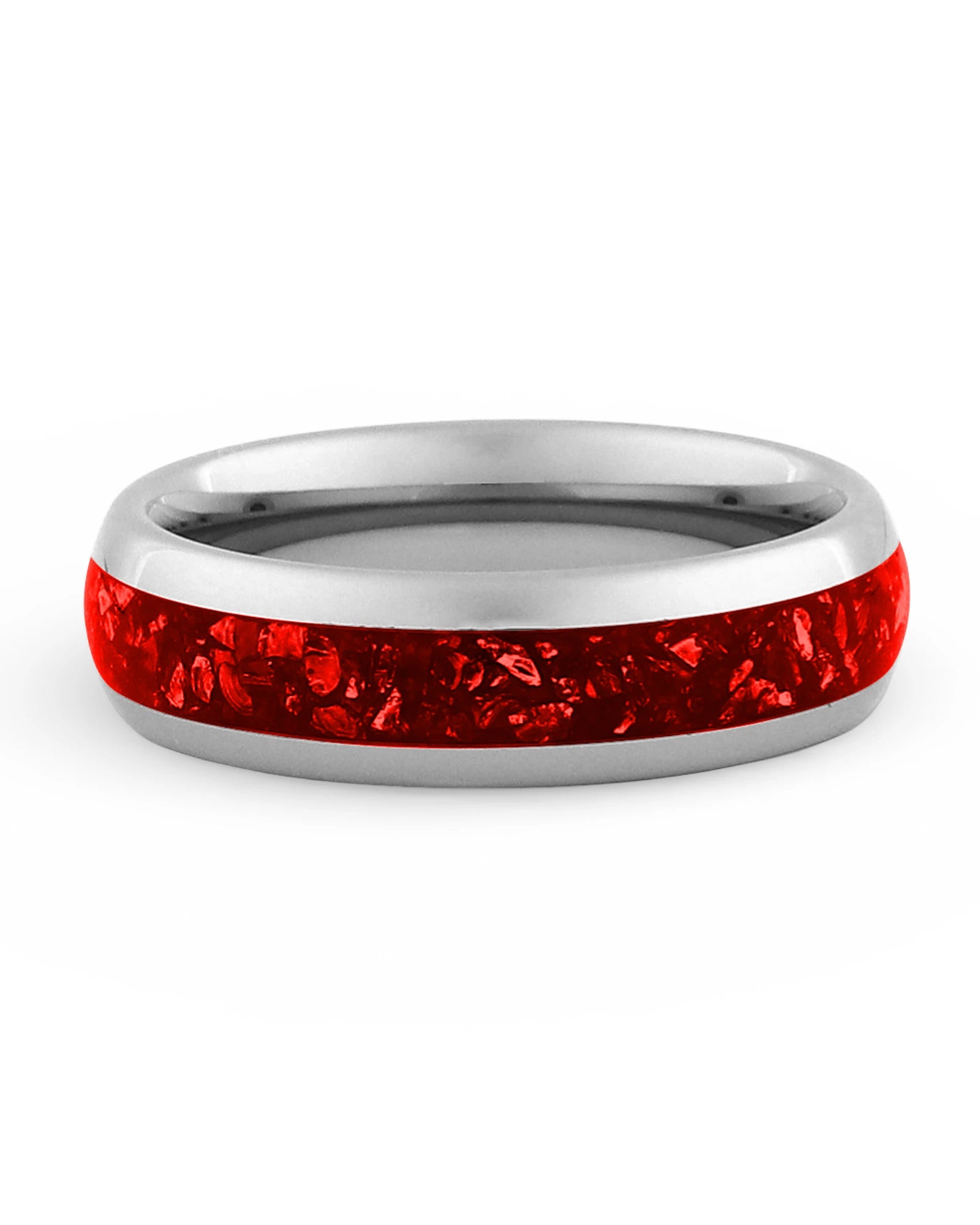 Front view of silver 6mm ruby tungsten wedding band