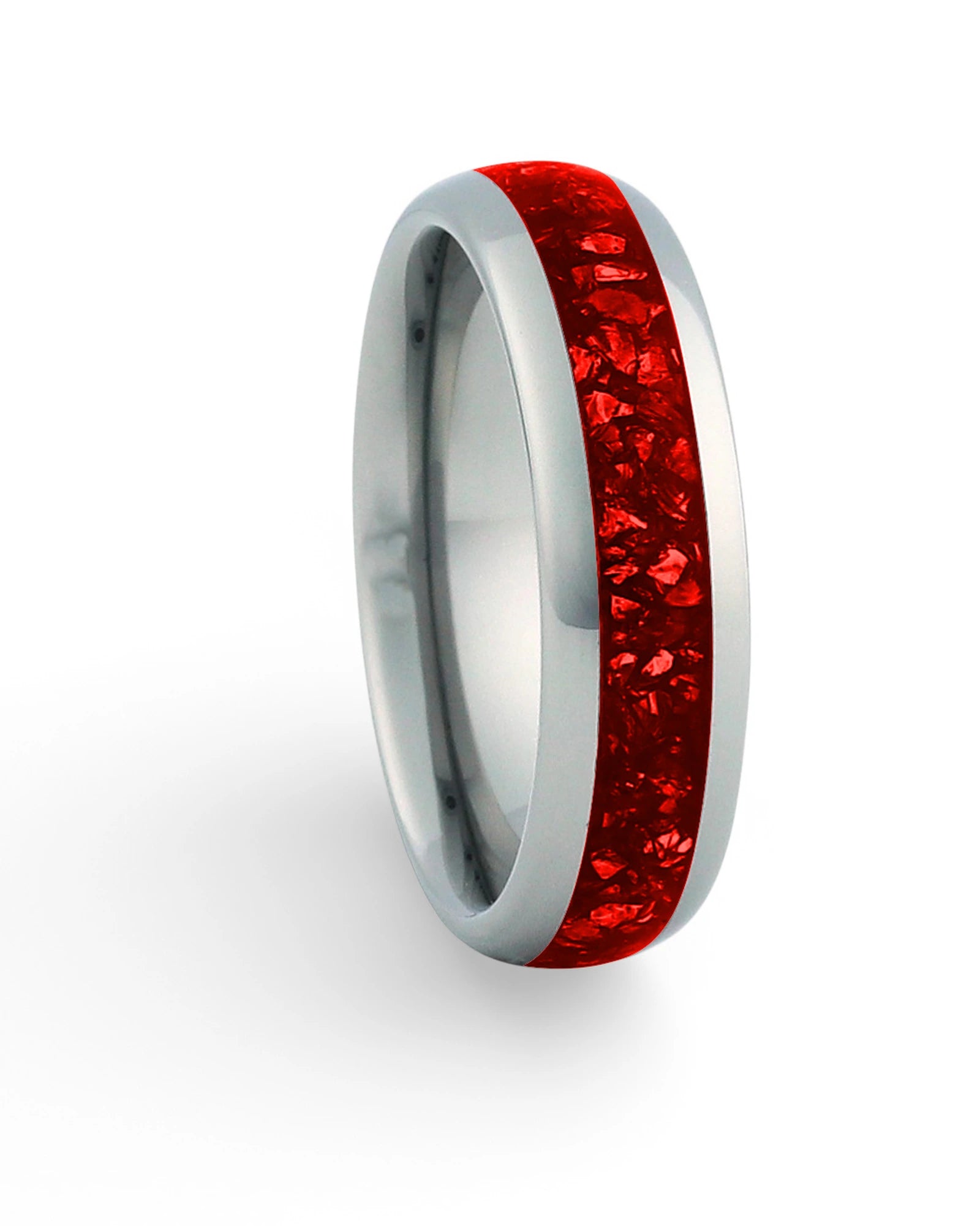 Silver 6mm tungsten ring with red ruby inlay shown at an angle