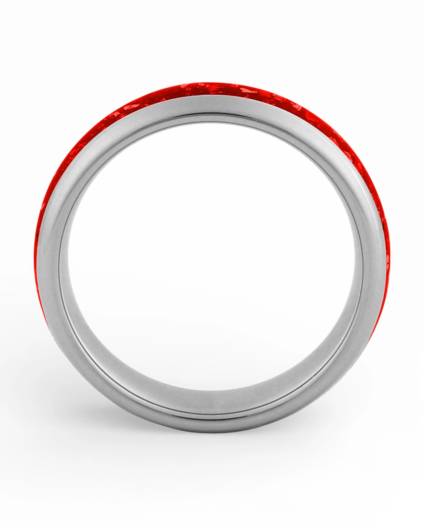 Side view of silver 6mm tungsten wedding ring with ruby inlay