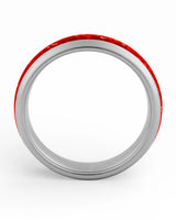 Side view of silver 6mm tungsten wedding ring with ruby inlay