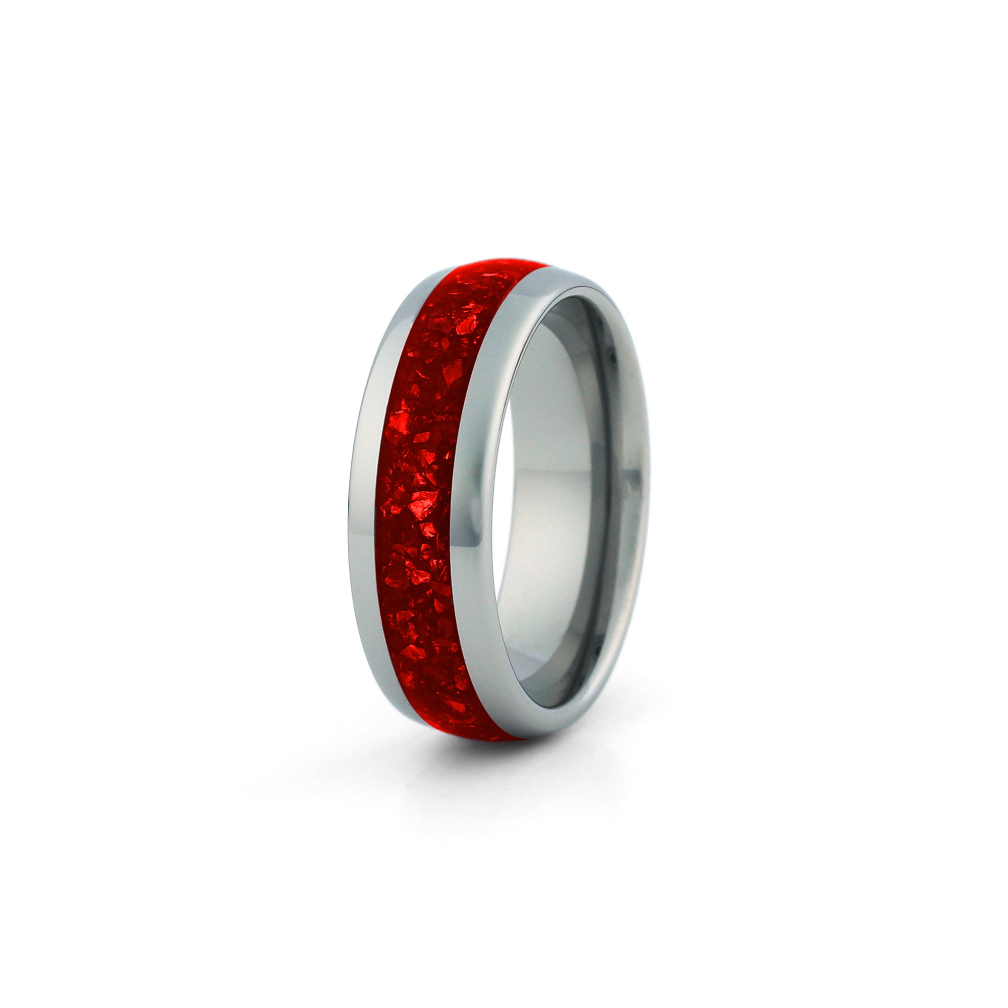 Silver ruby couples ring set in tungsten matching his and hers wedding bands with red gemstone inlay