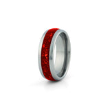 Silver ruby couples ring set in tungsten matching his and hers wedding bands with red gemstone inlay