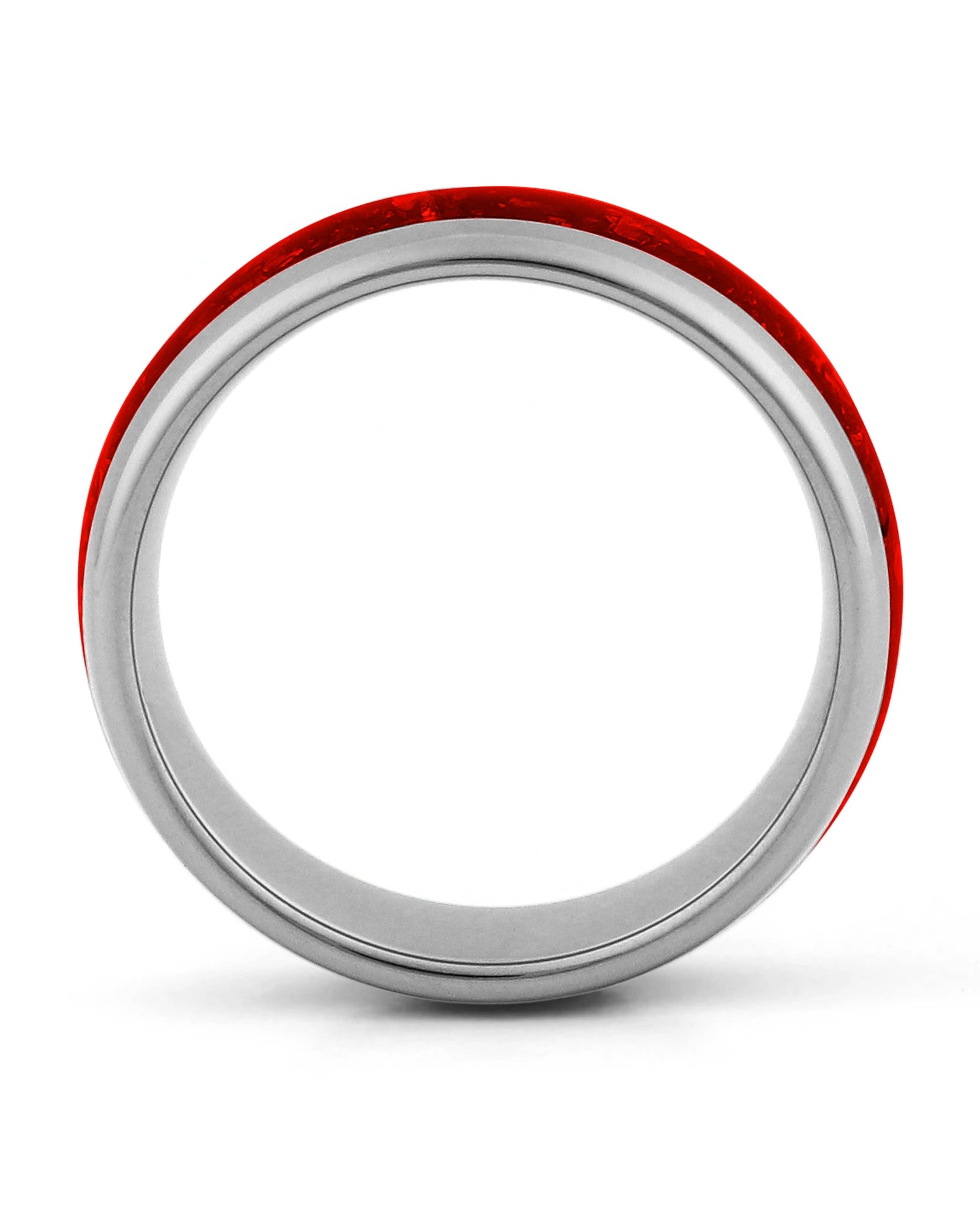 Side view of silver 8mm tungsten wedding ring with ruby inlay