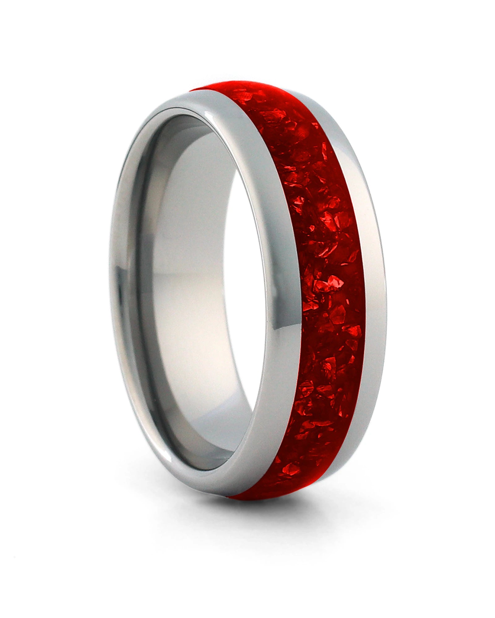 Silver 8mm tungsten ring with red ruby inlay shown at an angle