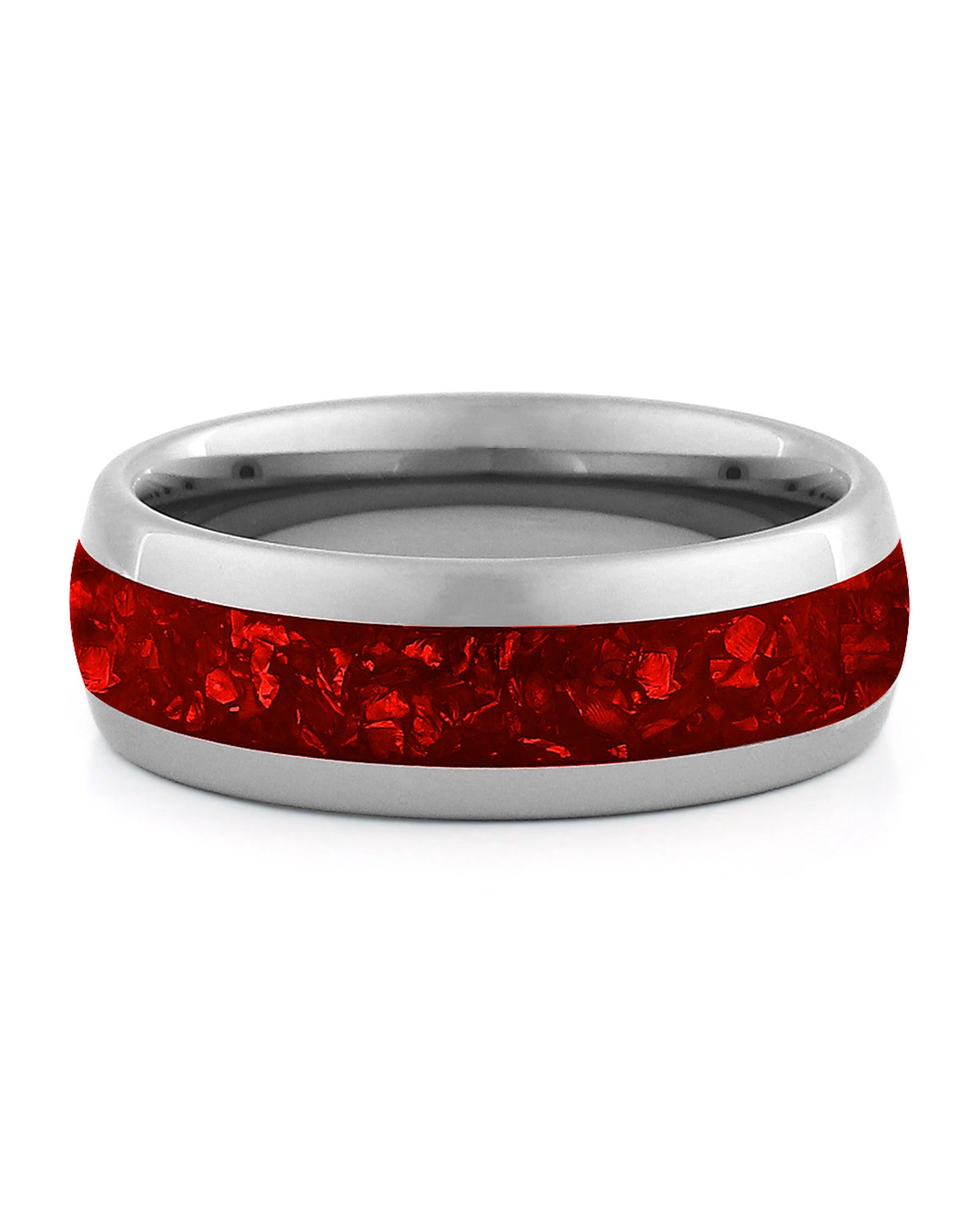 Front view of silver 8mm ruby tungsten wedding band