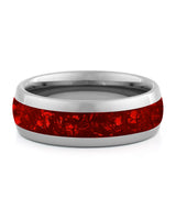 Front view of silver 8mm ruby tungsten wedding band