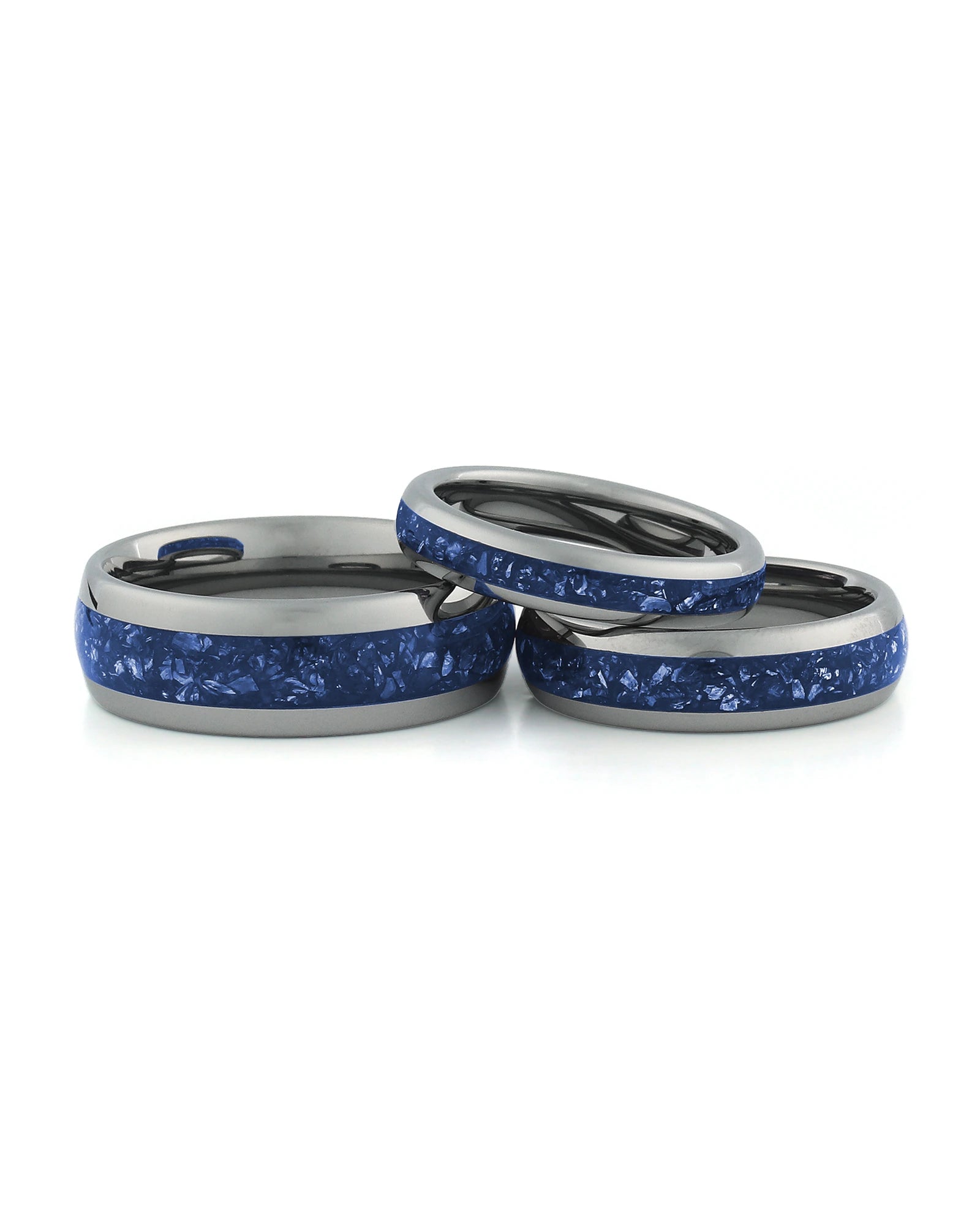 Silver sapphire tungsten couples wedding ring set shown together